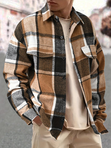 Fashionable And Simple Men's Long Sleeve Casual Lapel Simple Plaid Shirt, Trendy And Versatile, Suitable For Dates, For Social Occasions And Appointments, For Summer Spring Fall streatozone